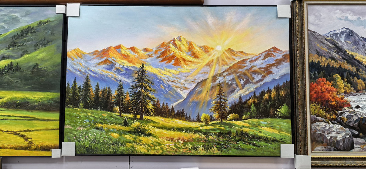 Panoramic painting of golden mountains above a green alpine valley