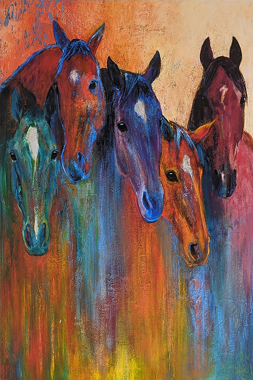 Five horse heads in rainbow colours over dripping paint