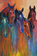 Five horse heads in rainbow colours over dripping paint