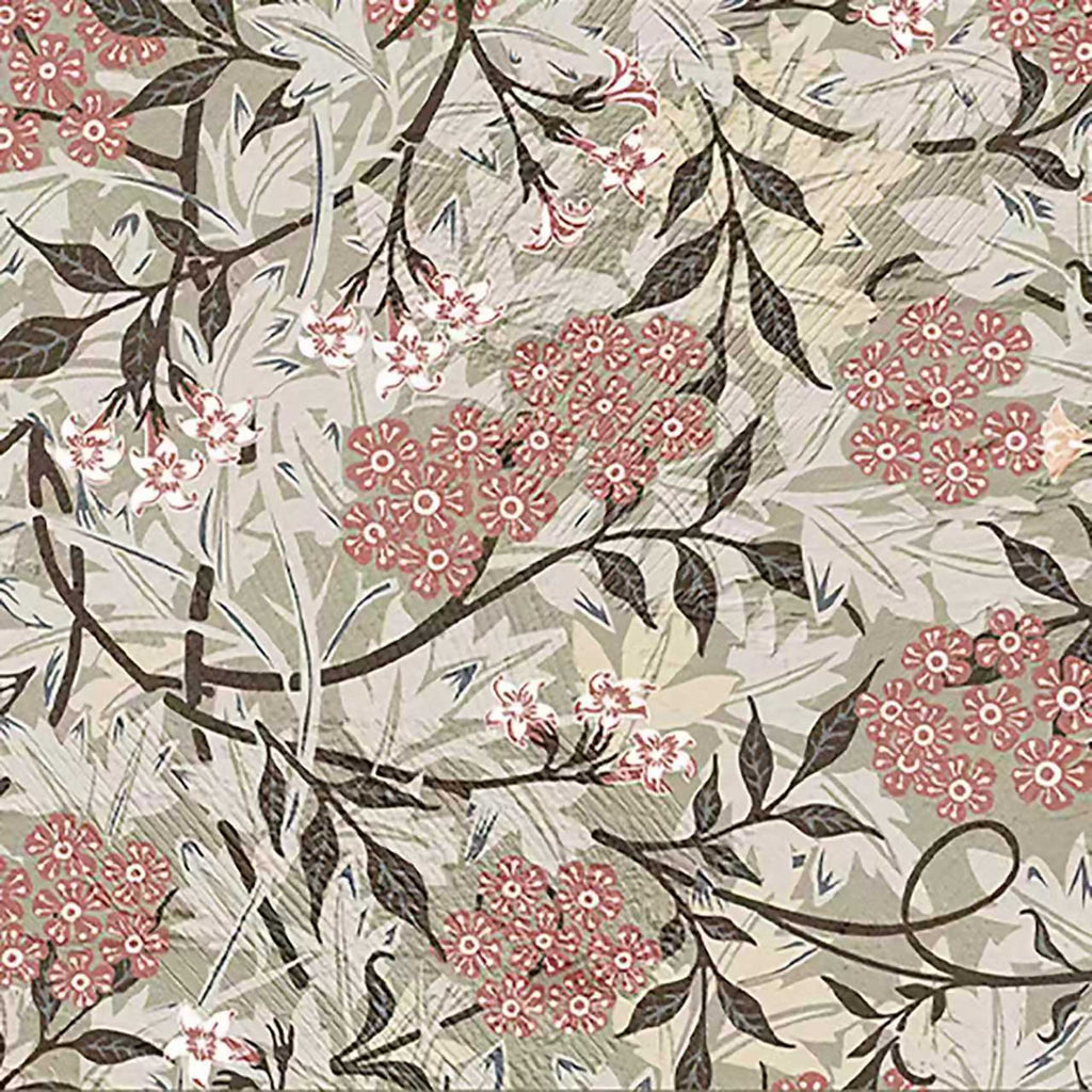 Pink blossom clusters and dark vines on pale grey-green