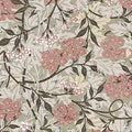 Pink blossom clusters and dark vines on pale grey-green