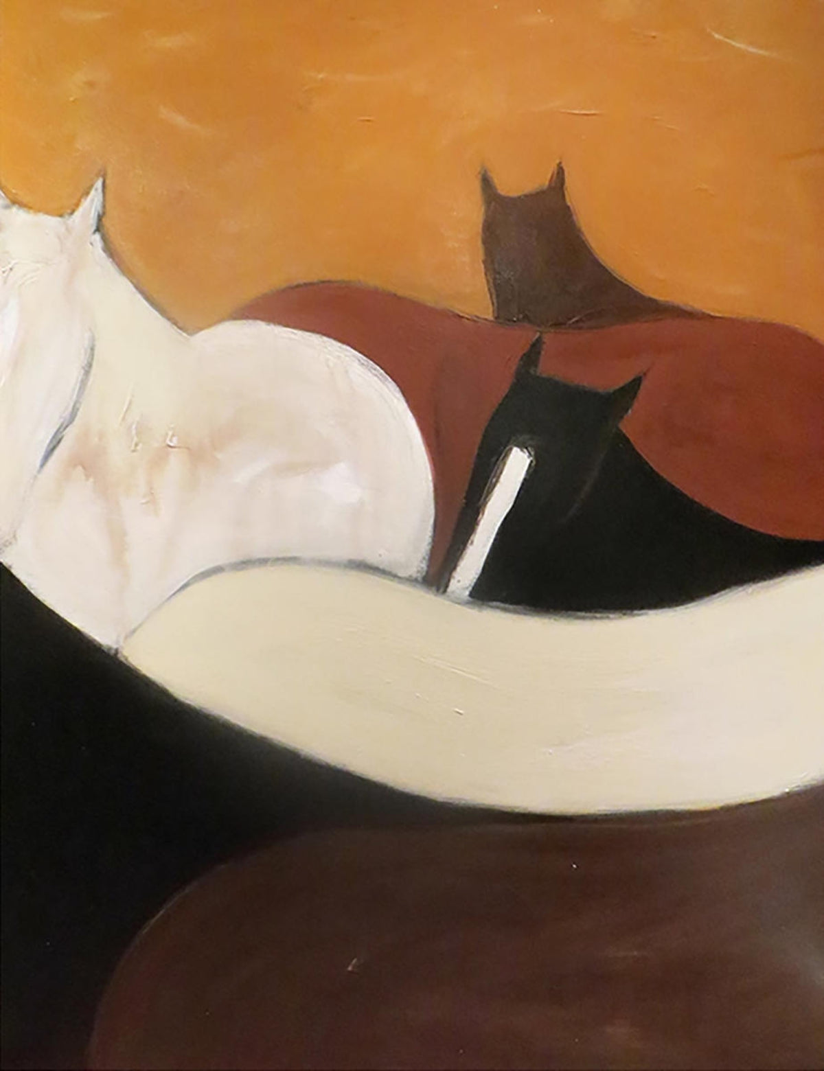 Curving forms of white, chestnut and black horses on ochre