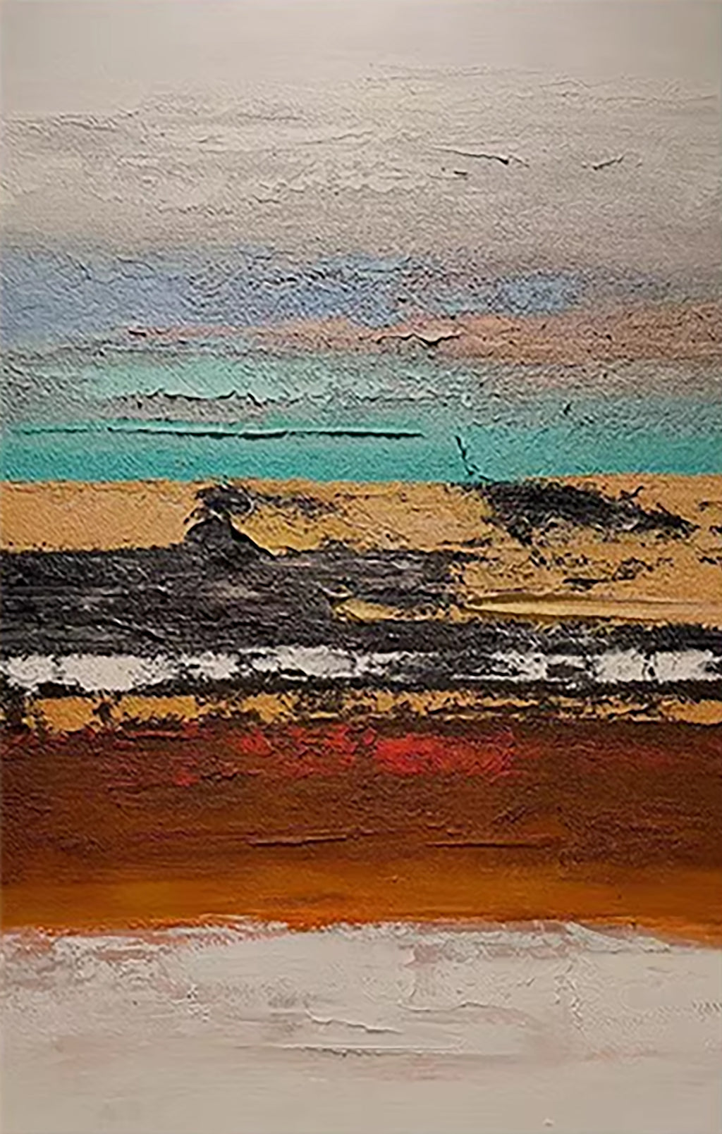 Bands of teal, ochre, black and rust across a pale ground