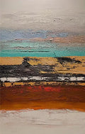 Bands of teal, ochre, black and rust across a pale ground