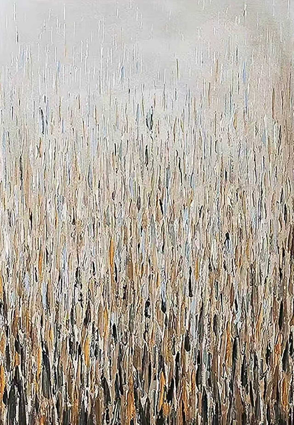 Dense grass strokes in gold and charcoal fading into white mist