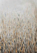 Dense grass strokes in gold and charcoal fading into white mist