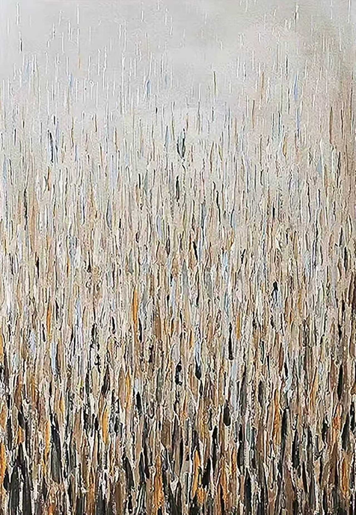 Dense grass strokes in gold and charcoal fading into white mist
