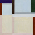 Planes of pale blue, cream and blush framed by dark bands