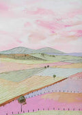Pink, green and lilac fields with a single tree below soft hills