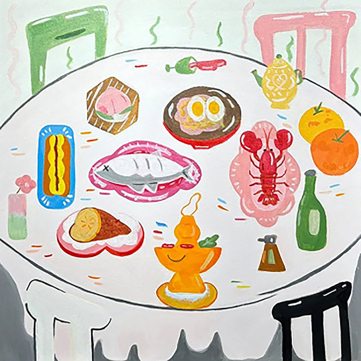 A table of seafood, eggs and fruit drawn from above