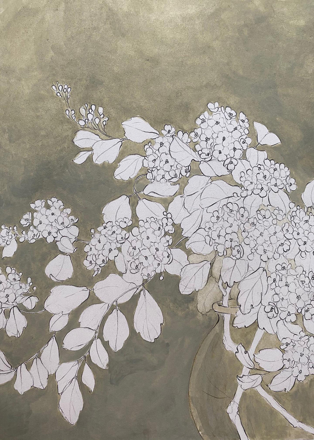 White line-drawn hydrangeas and leaves on olive grey