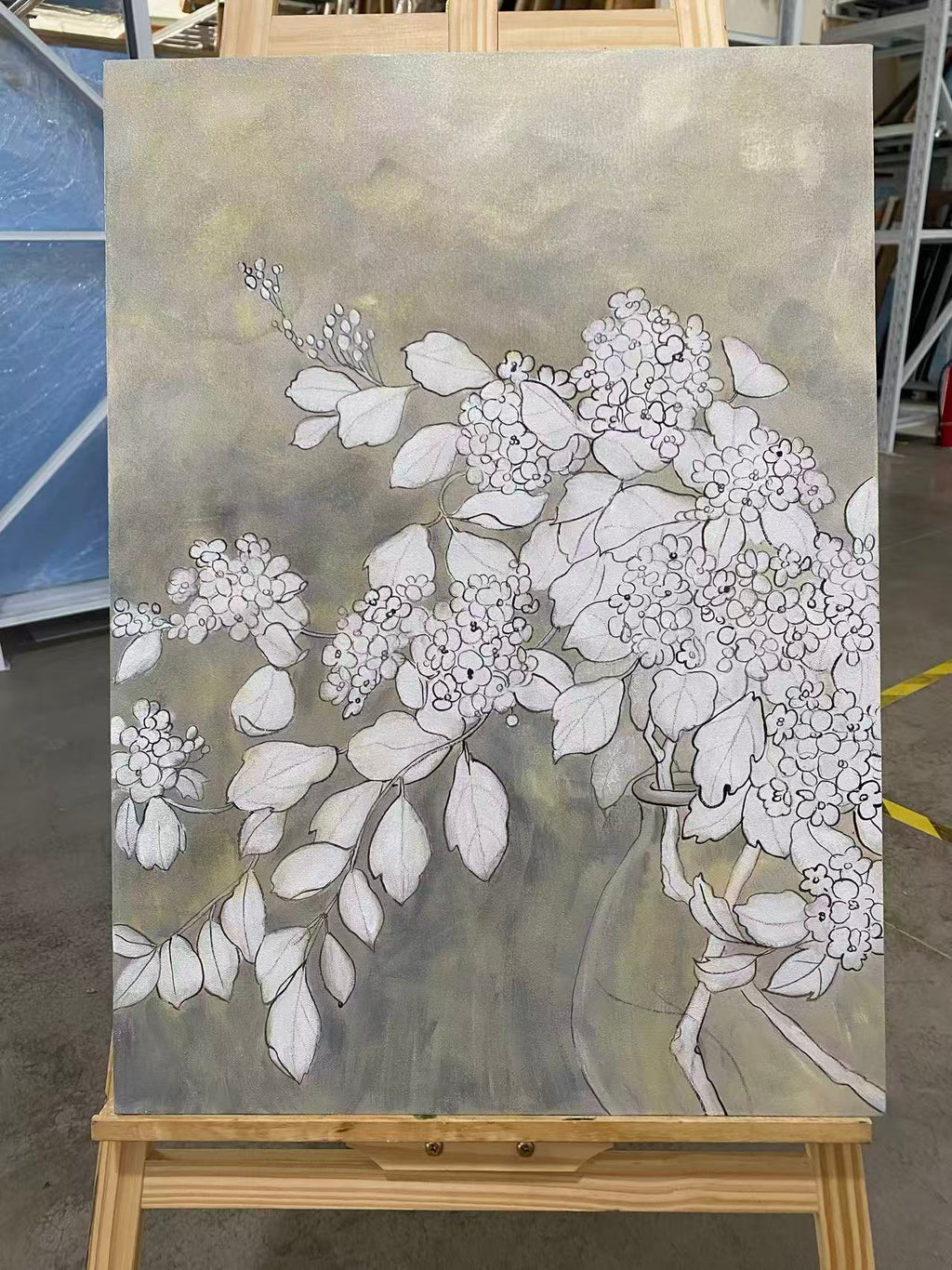 White Hydrangea Line on Olive