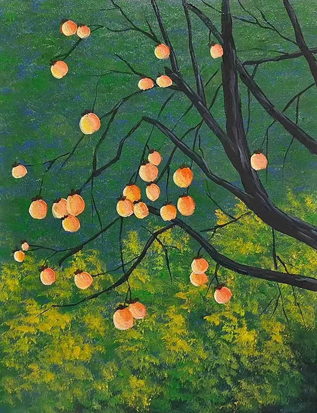 Orange persimmons on dark branches over green and gold