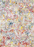 Dense red, yellow and black scribbles on white