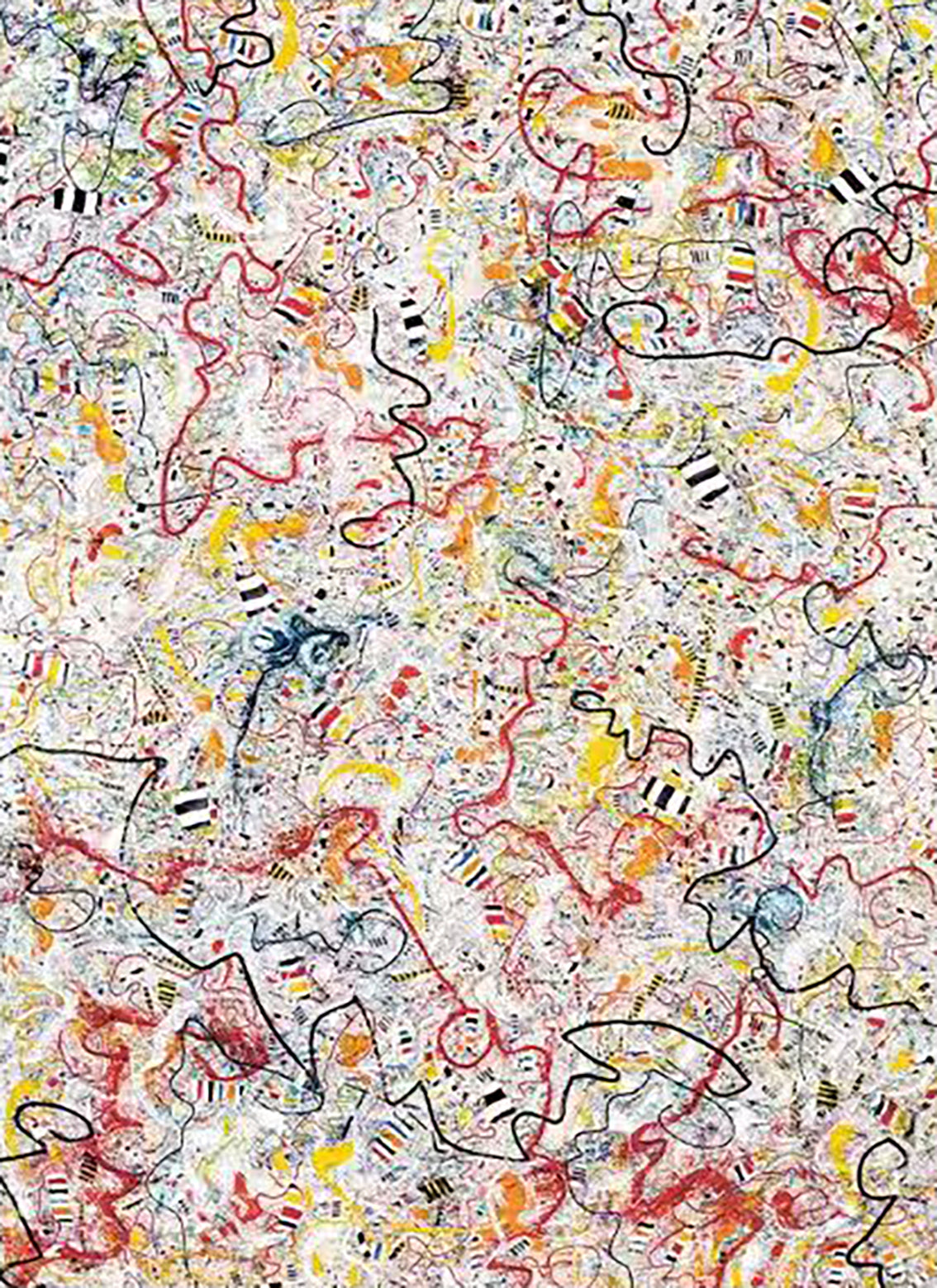 Dense red, yellow and black scribbles on white