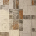 Patchwork squares of cream, grey and rust like old boards