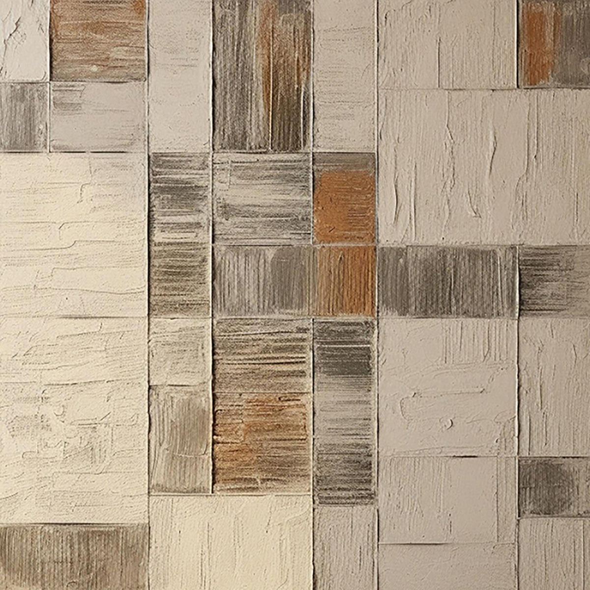 Patchwork squares of cream, grey and rust like old boards