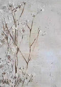Dry branches with white cotton bolls on pale grey