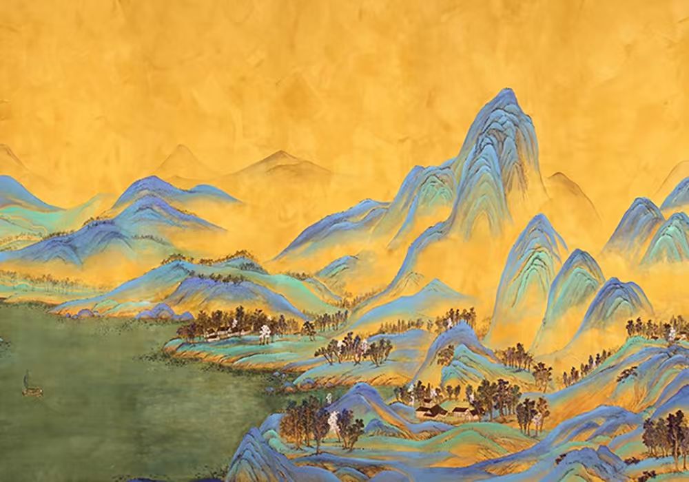 Blue and turquoise peaks and villages across a gold sky