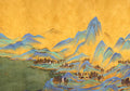 Blue and turquoise peaks and villages across a gold sky