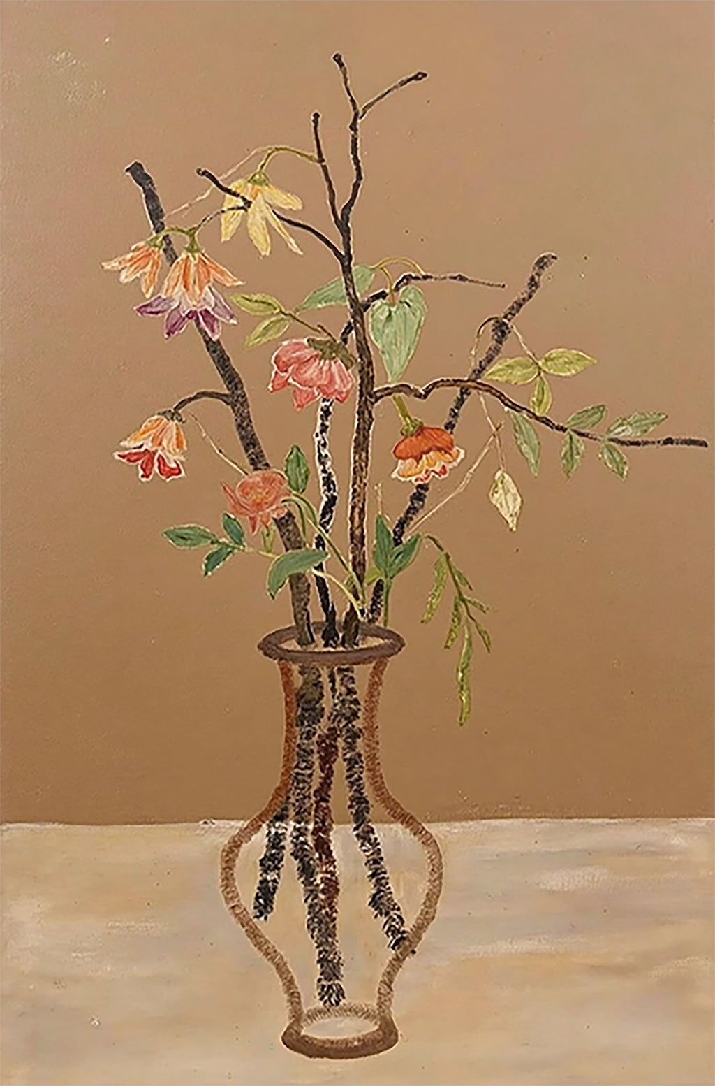Autumn branches and small flowers in a slim glass vase on tan