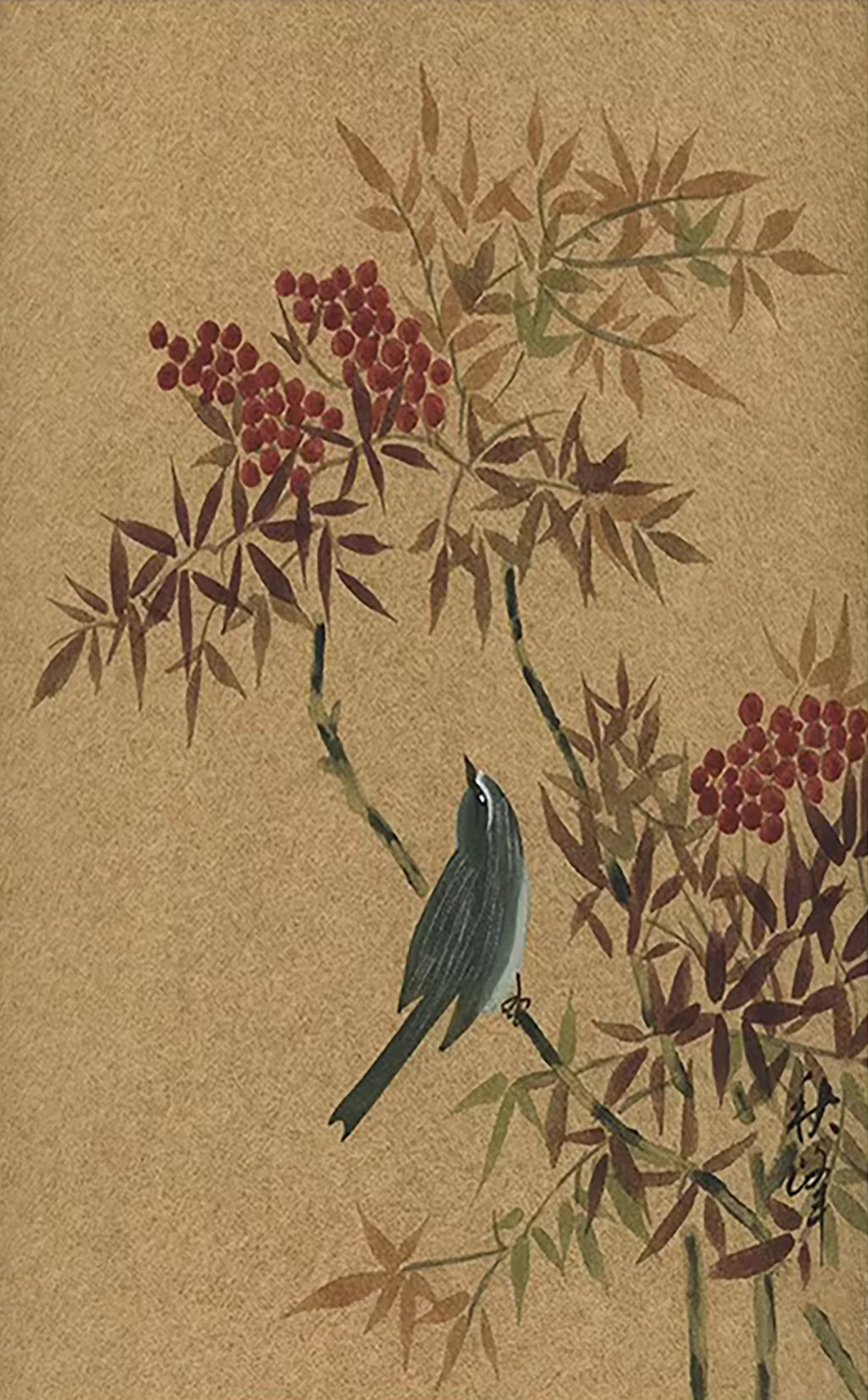 A small bird beneath red berries and bamboo on tan