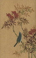 A small bird beneath red berries and bamboo on tan