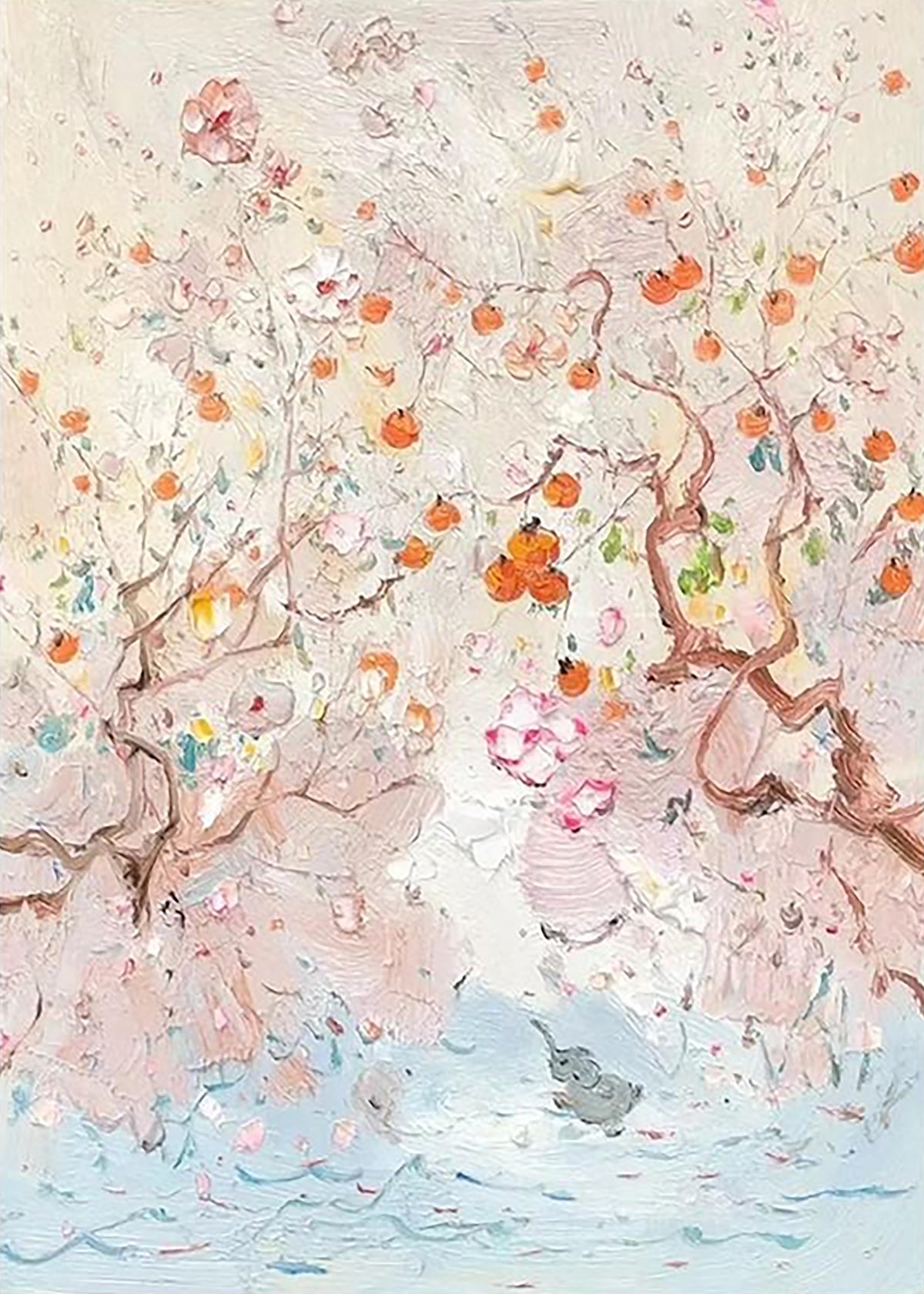 Pink blossom trees, orange fruit and a little stream in pastel