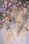 Pink roses spilling over a lilac and blue background