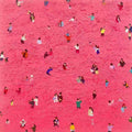 Tiny people scattered across a vivid pink field