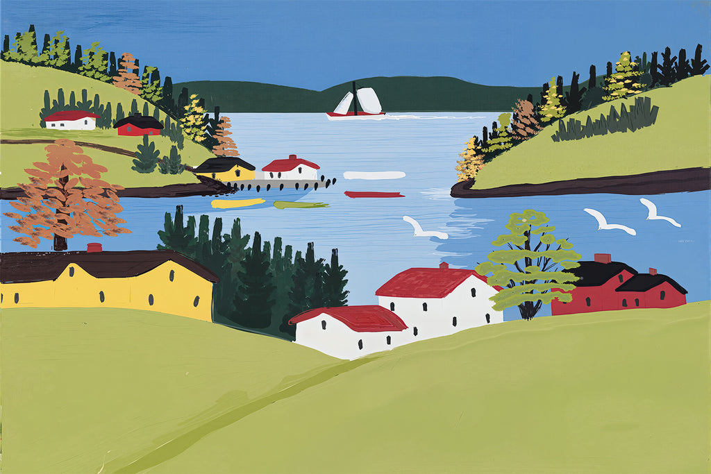 Red-roofed houses and a sailboat on a blue harbour among green hills