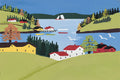 Red-roofed houses and a sailboat on a blue harbour among green hills