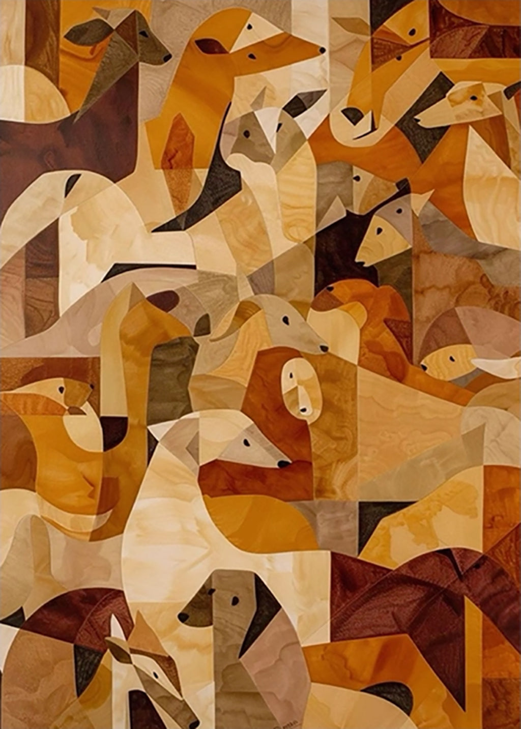 Dog heads fitted together in a mosaic of wood tones