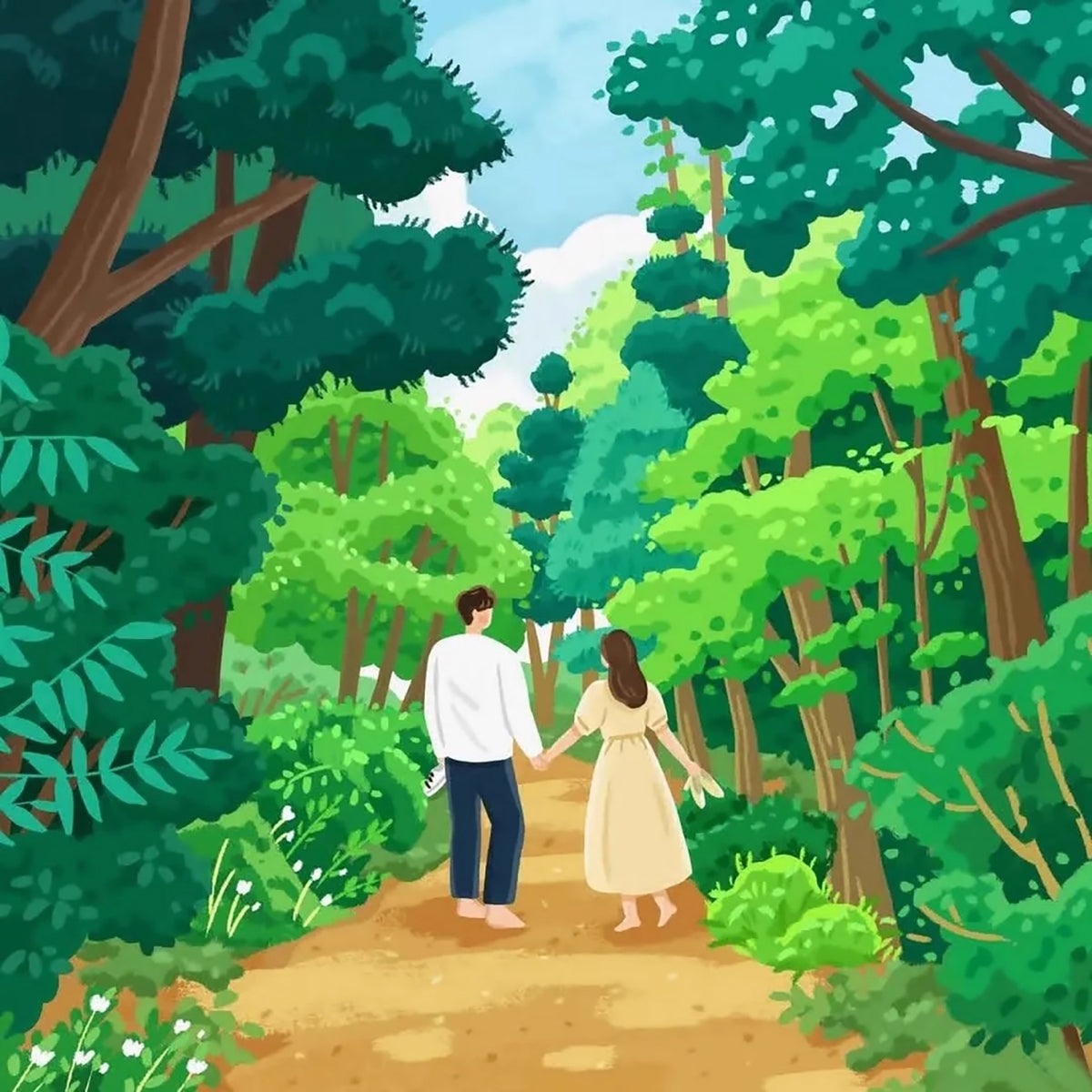 A couple walking hand in hand along a sunny forest path