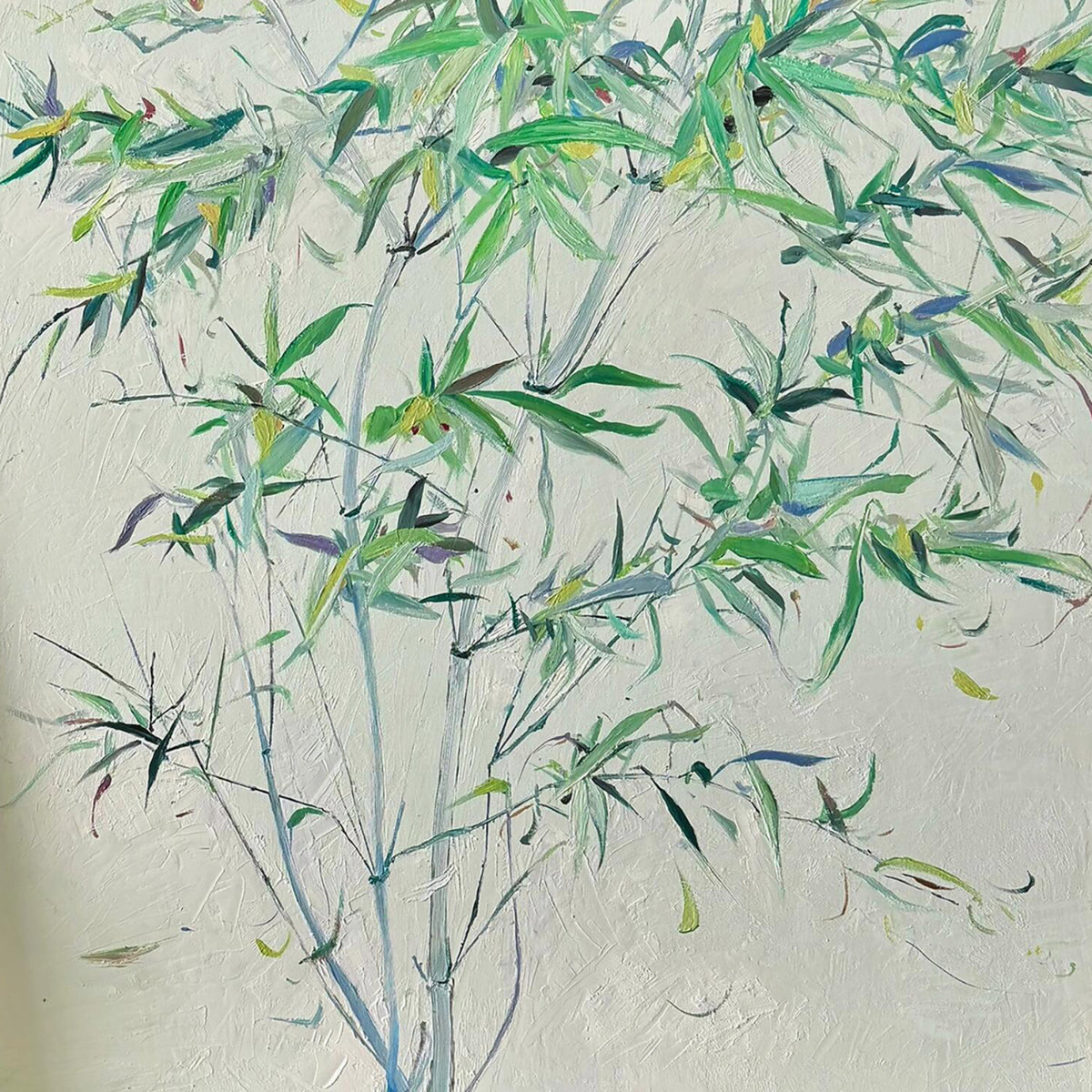 Delicate bamboo in green and blue strokes on pale grey