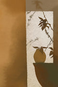 A vase and leaf shadow lit in a narrow window on brown
