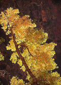 A tree of glowing gold leaves against deep maroon