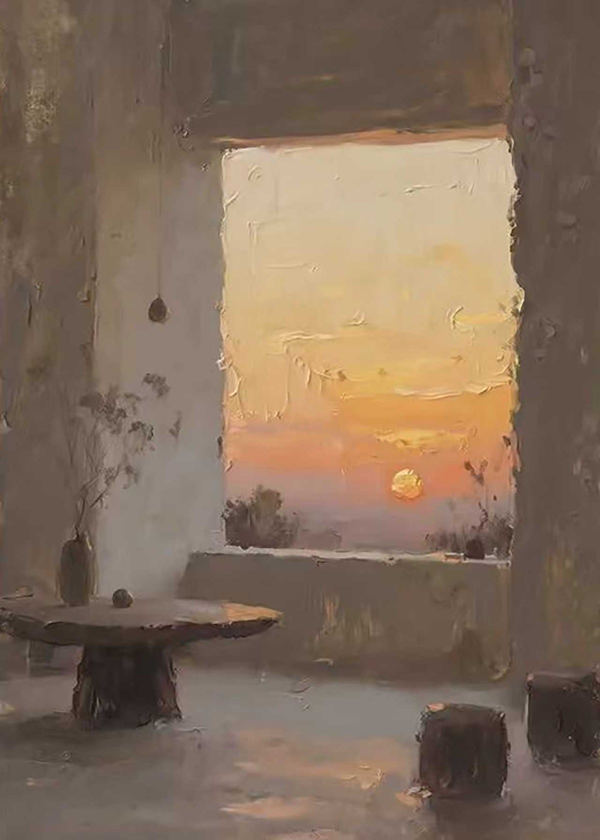 A dim stone room opening onto a glowing sunset