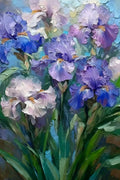 A dense clump of violet and blue irises in loose paint