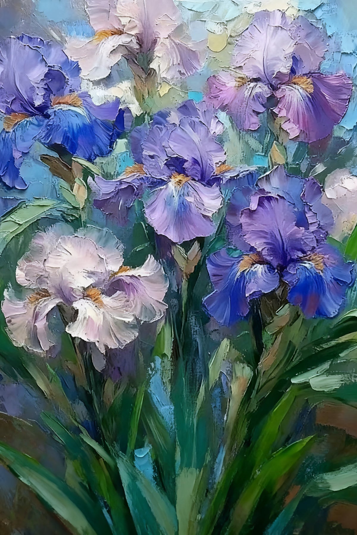 A dense clump of violet and blue irises in loose paint