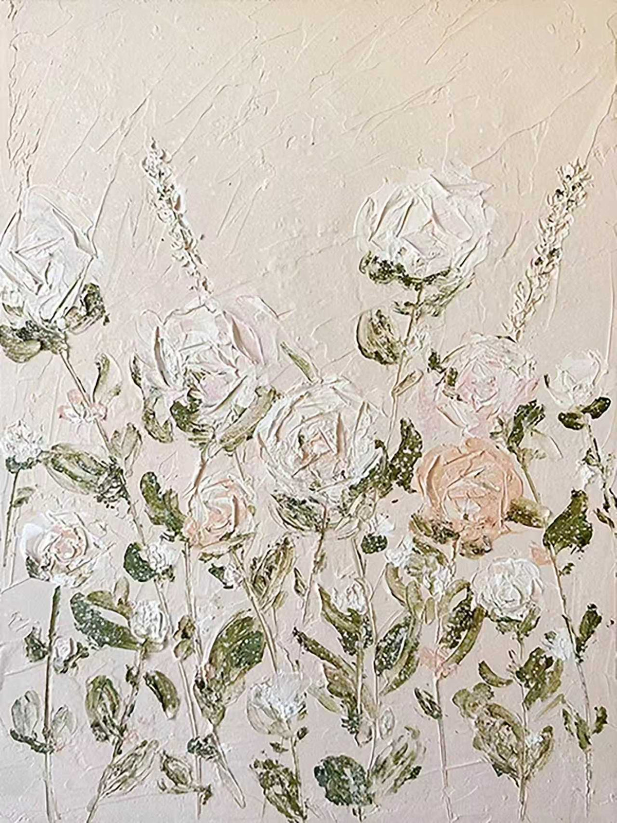 Raised white roses and leaves on a pale textured ground