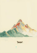 A small boat on still water beneath a red and green peak