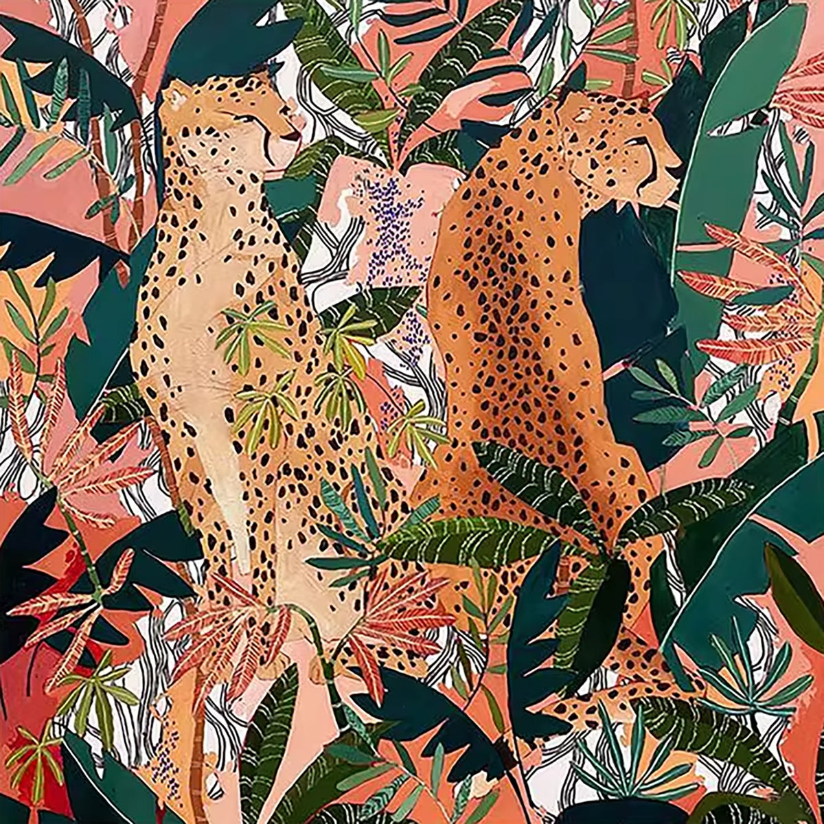 Two cheetahs among patterned tropical leaves on coral