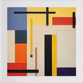 Blocks of red, yellow, blue and black crossed by dark lines