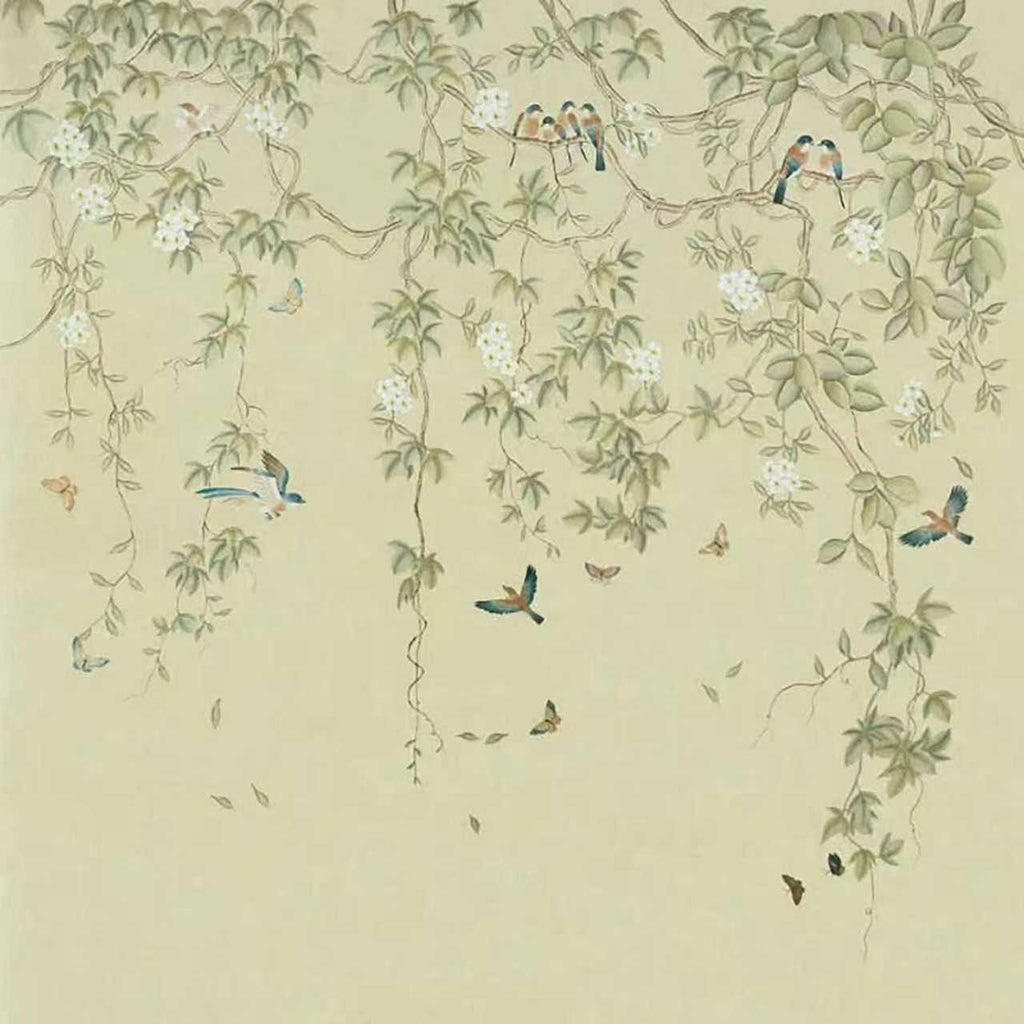 Trailing green vines and small birds on a pale olive ground