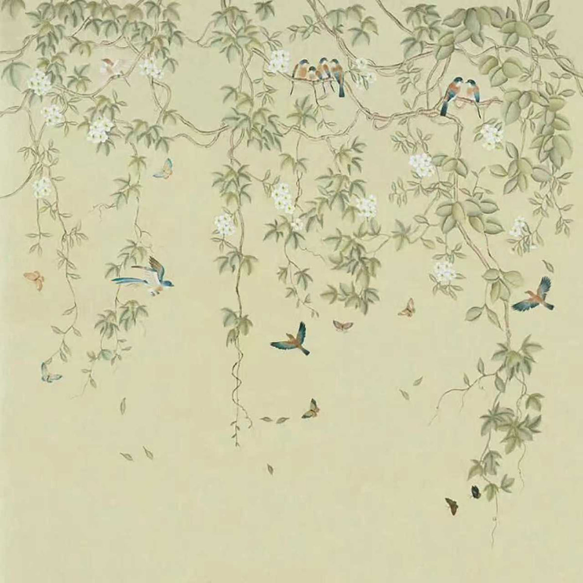 Trailing green vines and small birds on a pale olive ground
