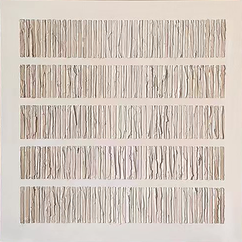 Rows of vertical bark-like strips on white