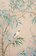 A small bird perched among slender teal bamboo on blush