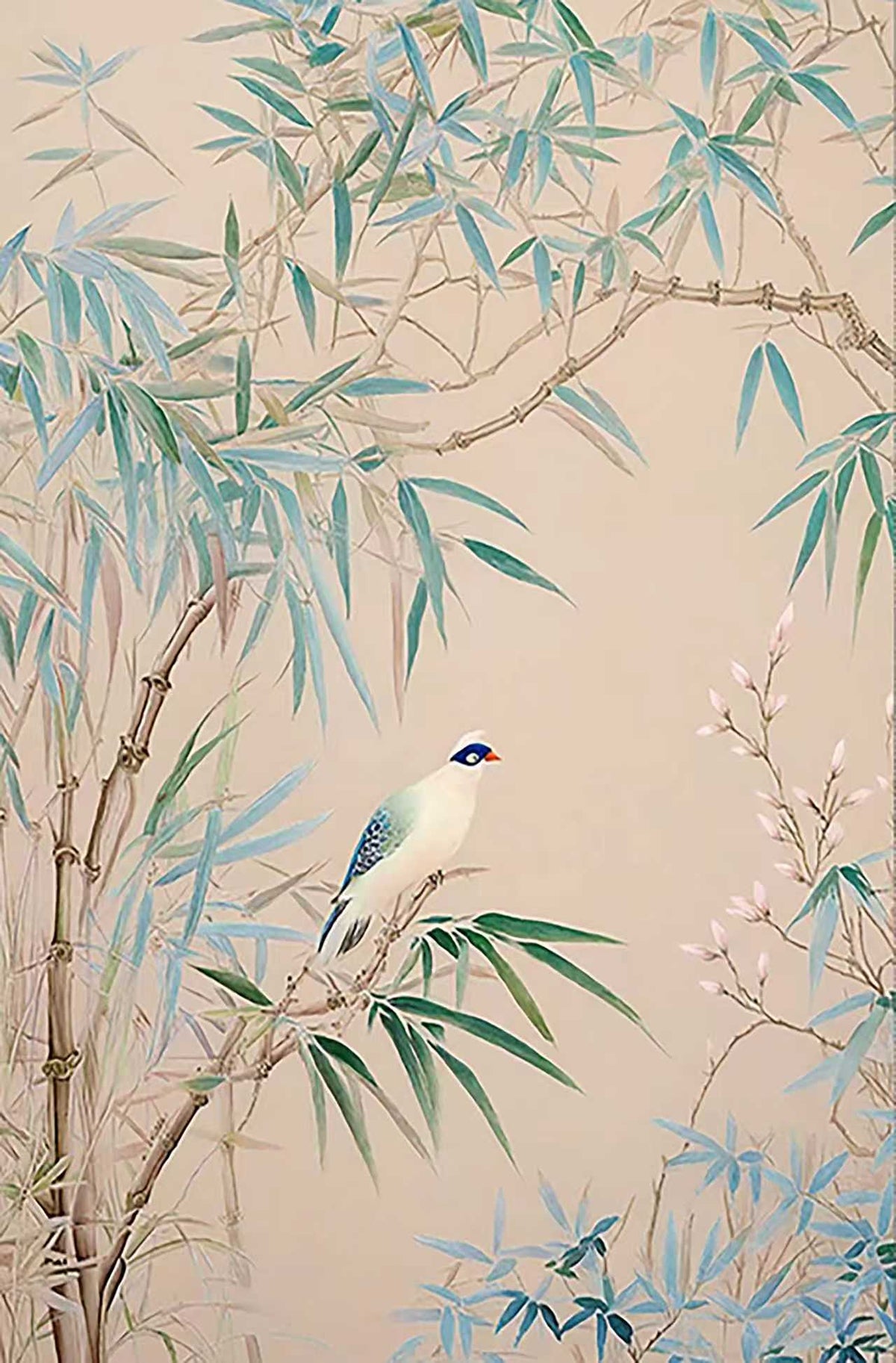 A small bird perched among slender teal bamboo on blush