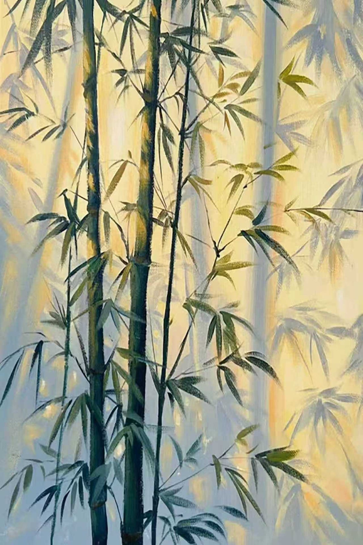 Tall dark bamboo before a glowing pale yellow haze